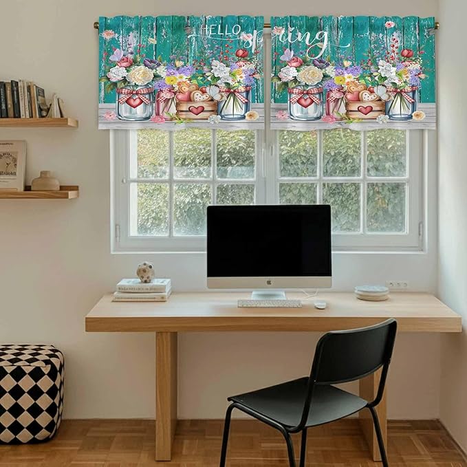 Spring Flowers Tier Curtains, Farmhouse Watercolor Teal Wood Grain Light Filtering Kitchen Curtains, 2Pcs Rod Pocket Half Window Treatments Panels for Sink Cafe Cabinet Camper 27.5x36 Inches