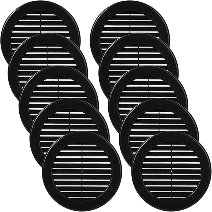 Vent Systems 4" Inch (Opening Dimensions) - Pack of 10 - Black Soffit Vent Cover - Plastic Round Air Vent Grille - Built-in Mesh Screen - HVAC Register Louver for Bathroom, Home, Kitchen