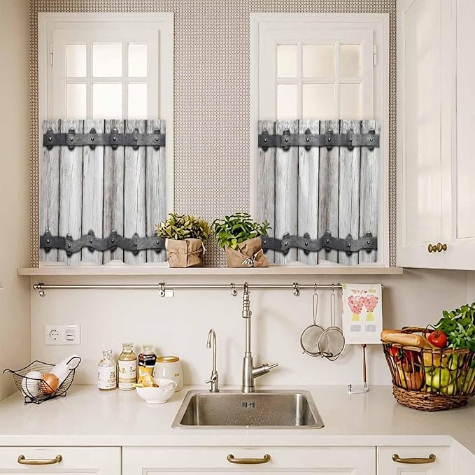 Farmhouse Rustic Kitchen Curtain Set, Vintage Country Wooden Grain Window Valance and Tiers 24" Length, Light Filtering Short Curtains Valance for Cafe Bathroom Bedroom 54"x18"
