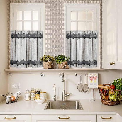 Farmhouse Rustic Kitchen Curtain Set, Vintage Country Wooden Grain Window Valance and Tiers 24" Length, Light Filtering Short Curtains Valance for Cafe Bathroom Bedroom 54"x18"