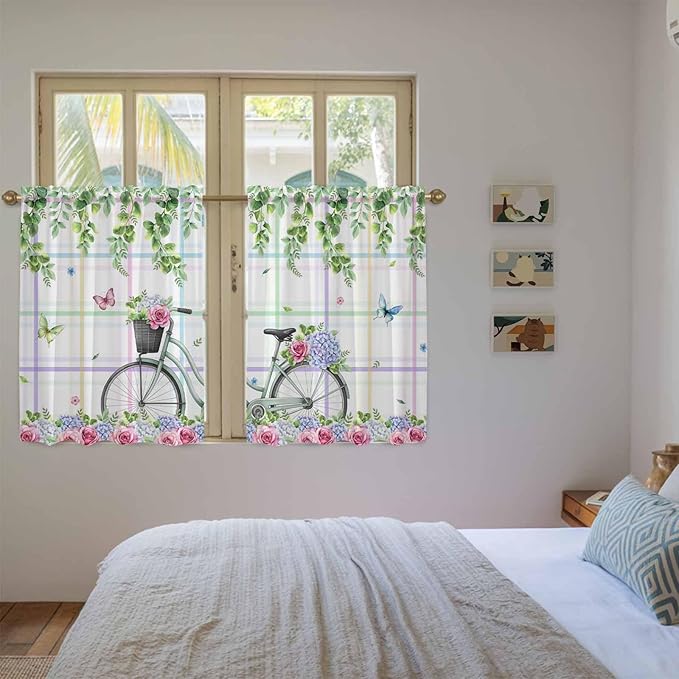 Spring Kitchen Curtains, Bicycles Botanical Leaves Rose Colorful Stripes Light Filtering Window Curtain Panels, 2Pcs Rod Pocket Window Treatments Set for RV Dining Room Study Room 42x54 Inches