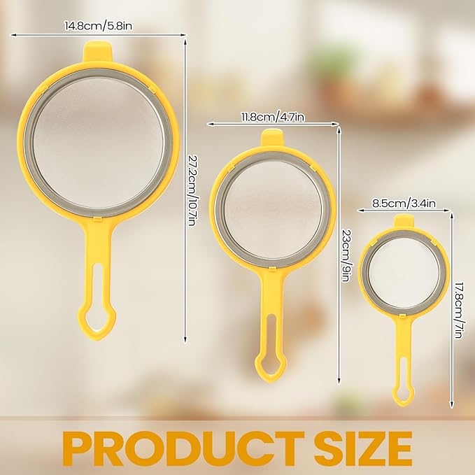 LemonRoad Set of 3 Stainless Steel Mesh Strainer 304 Fine Mesh Filters with Ergonomic Handles and Hanging Ears for Oil Filter Skimming Grease and Foam (Yellow)