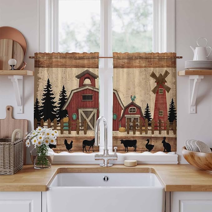 Brown Farmhouse Kitchen Curtains, Vintage Country Animals Wooden Grain Light Filtering Window Curtain Panels, 2Pcs Rod Pocket Window Treatments Set for RV Dining Room Study Room 42x54 Inches