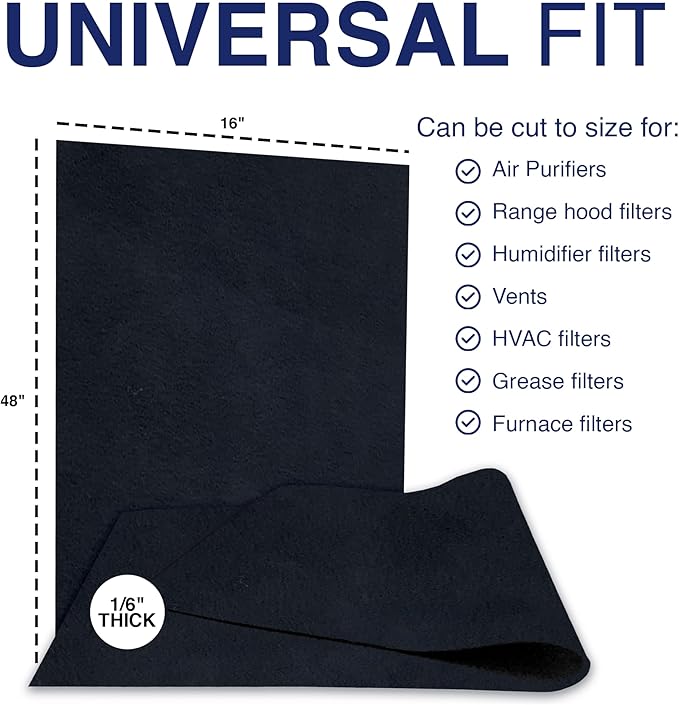 Cut To Fit Air Filter - Carbon Pad Pre Filter forAir Purifiers, AC, Furnace, Trash Cans and Dust, 1/6" thick, 16" x 48" Sheets - 1 Pack