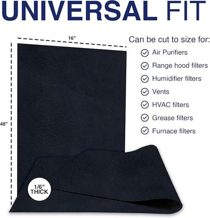 Cut To Fit Air Filter - Carbon Pad Pre Filter forAir Purifiers, AC, Furnace, Trash Cans and Dust, 1/6" thick, 16" x 48" Sheets - 1 Pack