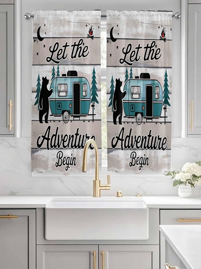 Farmhouse Bear Camper Van Tree Window Valance Curtains, Vintage Wood Grain Light Filtering Kitchen Valance with 3-inch Rod Pocket for Living Room Bathroom Bedroom,2 Panel,52x72In