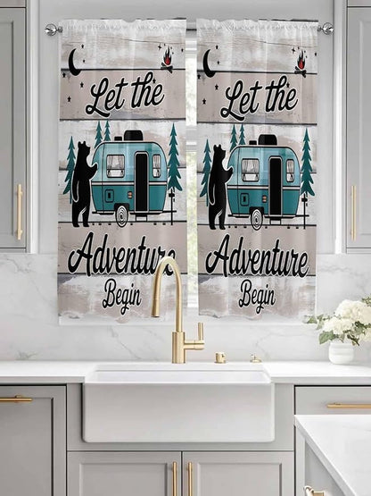 Farmhouse Bear Camper Van Tree Window Valance Curtains, Vintage Wood Grain Light Filtering Kitchen Valance with 3-inch Rod Pocket for Living Room Bathroom Bedroom,2 Panel,42x63In