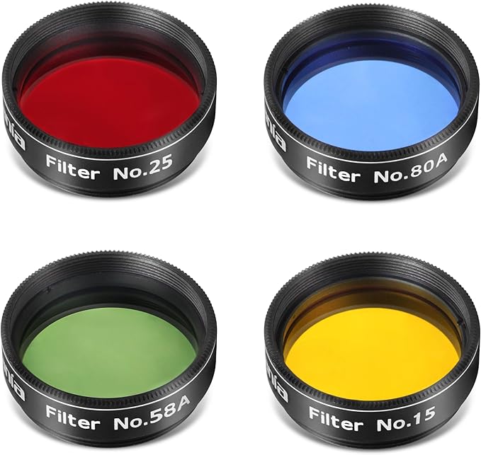 Astromania Telescope Eyepiece Filte Set 1.25 Inches, 4 Pcs Telescope Color Filter Set Including Red Yellow Green Blue, Eyepieces Filters Ideal Telescope Accessory for Planetary Moon Detail Observation