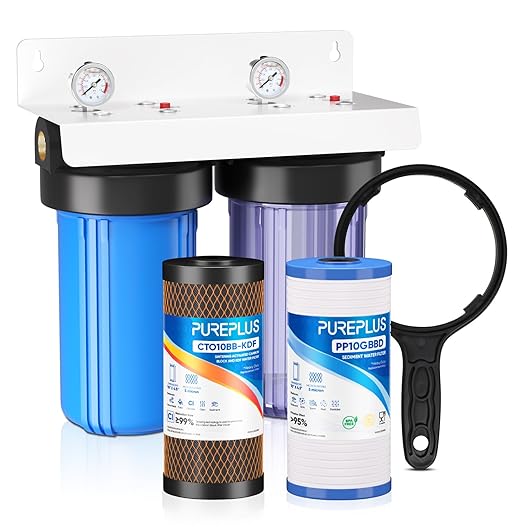 PUREPLUS 2-Stage Whole House Water Filtration System, Reduces Chlorine, Odor, Heavy Metals & Rust, 10"x4.5" Clear Housing, 1" Inlet/Outlet, PP Grooved Sediment&KDF Carbon Filters, With Pressure Gauges