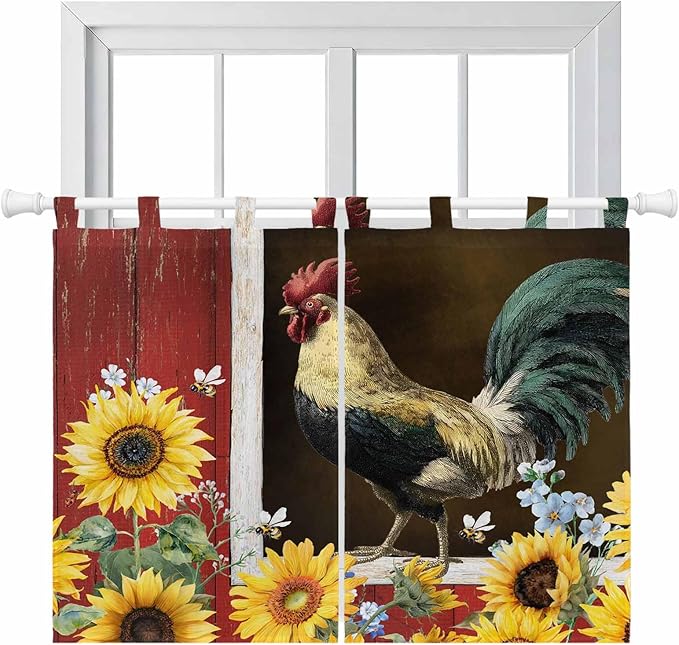 Chicken Sunflowers Bedroom Curtains 63 Inch Length, Window Curtains Tab Top, Farmhouse Animals Red Barn Bees Light Filtering Window Treatments Drapes 42"x63" 2 Panel
