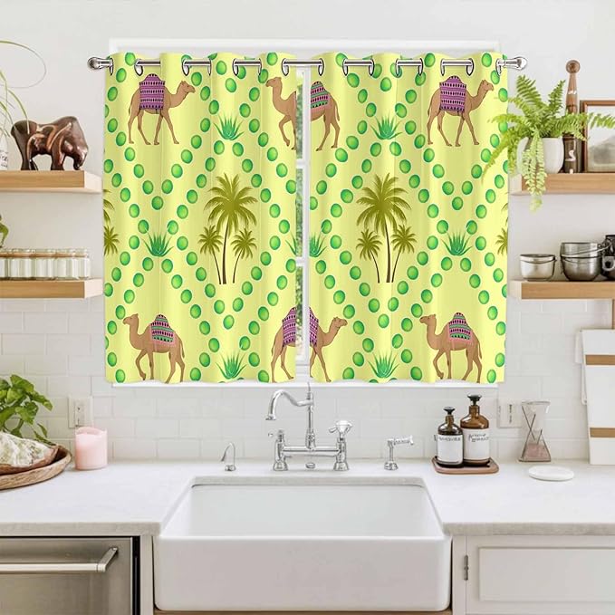 2 Panel Kitchen Cafe Curtains, Desert Sand Camels Sunlight Filtering Nature Air Through, Window Decor Tier Curtains for Living Room 104W x 63L inch Palm Trees Tropical Plants Polka Dot Yellow