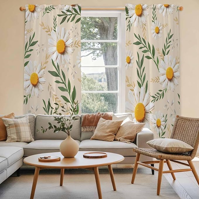 Spring Daisy Kitchen Curtains, Country Watercolor Flower Leaf Plant Light Filtering Window Curtain Panels, 2Pcs Rod Pocket Window Treatments Set for Living Room Bathroom Bedroom 52x72 Inches