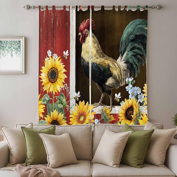 Chicken Sunflowers Living Room Curtains 84 Inch Length, Window Curtains Tab Top, Farmhouse Animals Red Barn Bees Light Filtering Window Treatments Drapes 52"x84" 2 Panel