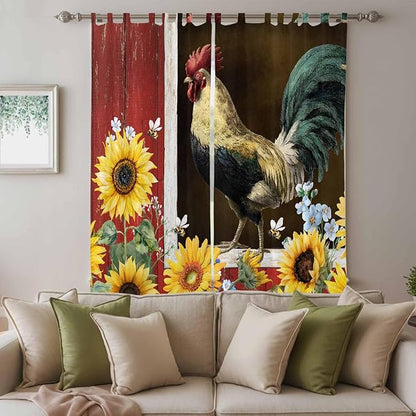 Chicken Sunflowers Living Room Curtains 84 Inch Length, Window Curtains Tab Top, Farmhouse Animals Red Barn Bees Light Filtering Window Treatments Drapes 52"x84" 2 Panel