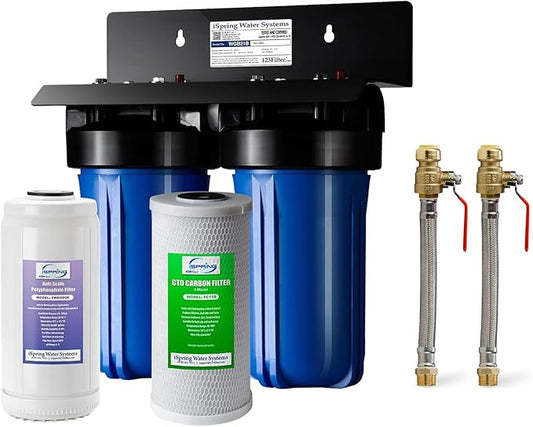 iSpring WGB21B-DS+AHPF12MNPT16X2 2-Stage Whole House Water Filtration System w/CTO Filter and Anti-Scale Filter, 3/4" Push-fit Stainless Steel Hose Connectors, Reduces Scale, Corrosion, Chlorine