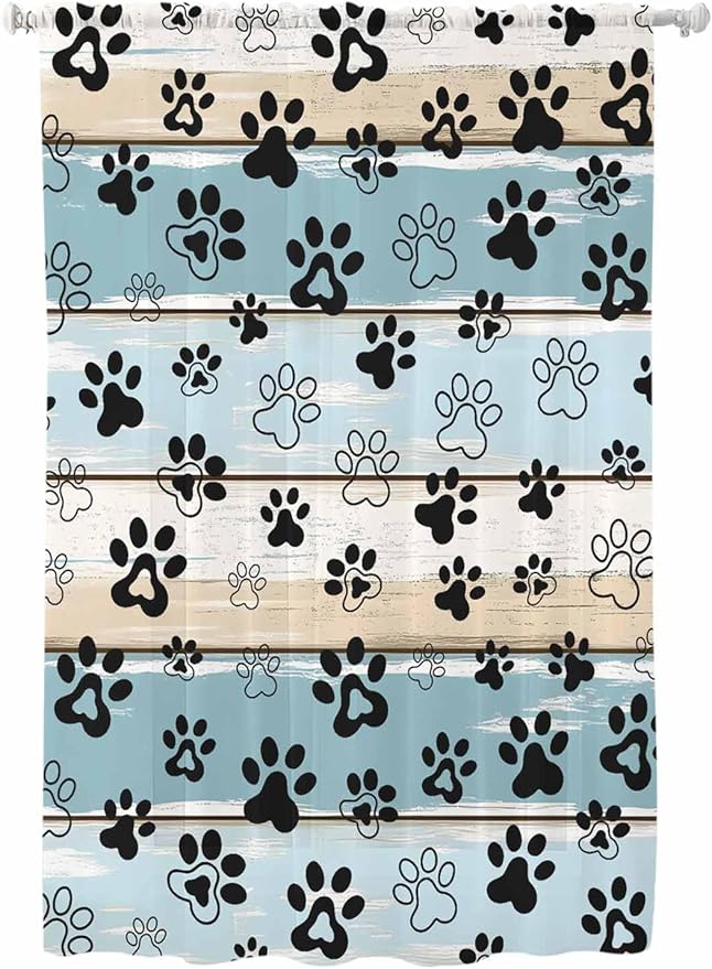 Sheer Curtains 72 Inches Long, Blue Beige Paw Print Semi Sheer Curtains Light Filtering Window Treatment, Vintage Farmhouse Country Wood Grain Privacy Voile Drapes for Living Room Bedroom 52x72 Inch