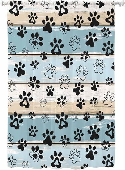 Sheer Curtains 63 Inch Length, Blue Beige Paw Print Semi Sheer Curtains Light Filtering Window Treatment, Vintage Farmhouse Country Wood Grain Privacy Voile Drapes for Living Room Bedroom 52x63 Inch
