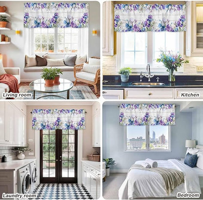 Spring Flowers Curtain Valances for Windows, Kitchen Valance Window Treatment, Watercolor Garden Florals Wooden Grain Light Filtering Block Curtains for Bathroom/Bedroom/Living Room 54'' x 18''