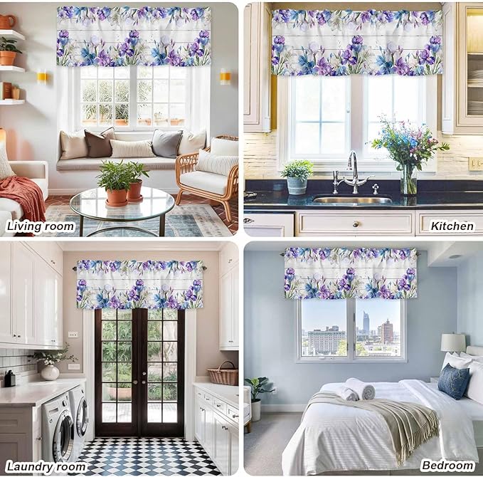Spring Flowers Curtain Valances for Windows, Kitchen Valance Window Treatment, Watercolor Garden Florals Wooden Grain Light Filtering Block Curtains for Bathroom/Bedroom/Living Room 60'' x 18''