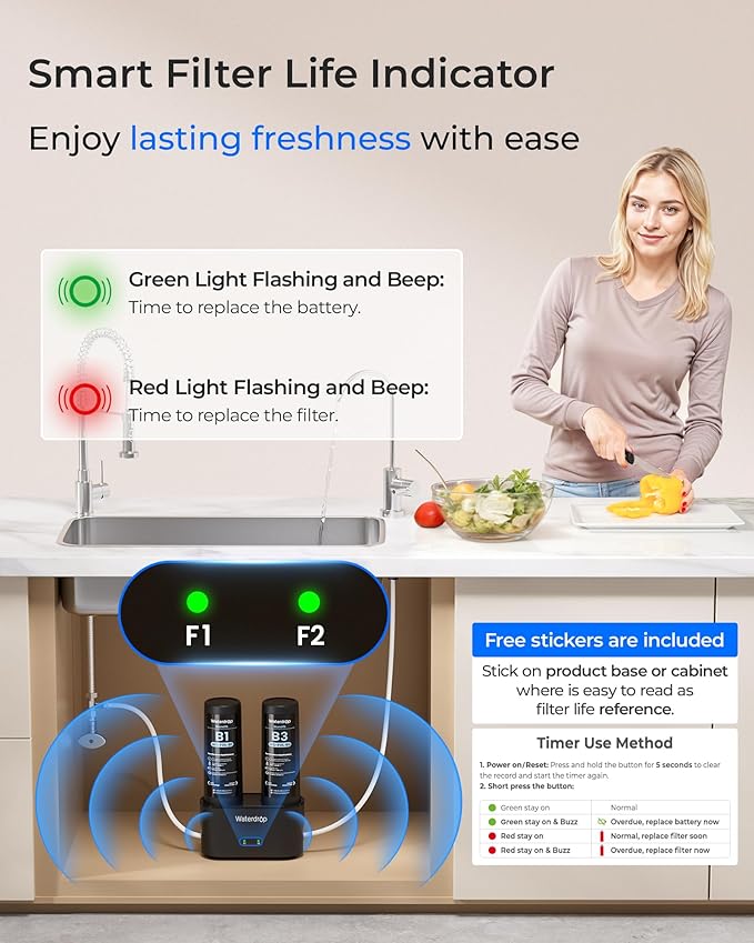 Waterdrop DLB Under Sink Water Filter, Reduces Chlorine, Chloramine, PFAS, Bad Taste, Under Sink Water Filtration System with Separate Faucet,Water Filter for Sink Faucet,Life Indicator, Quick Change
