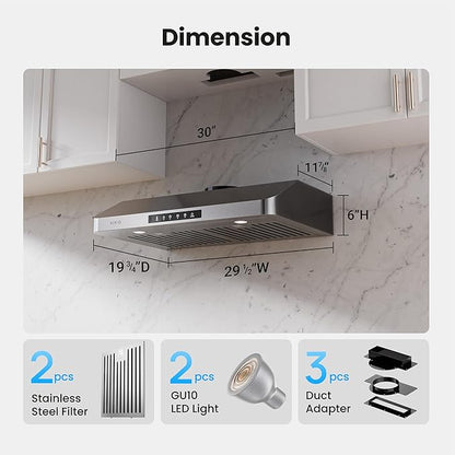 Under Cabinet Range Hood 30 Inch, 980CFM Fast Venting Ducted, Kitchen Hood With 3 Speed Gesture Sensing & Touch Control, Stainless Steel Stove Vent Hood With LED Light And 2 Baffle Filters