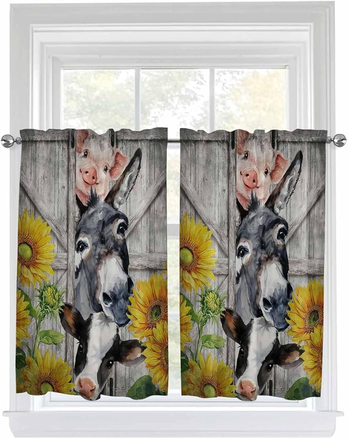 Farmhouse Kitchen Curtains 45 Inches length, Vintage Sunflowers Animals Printed Wood Grain Window Treatment Curtain Drapes, Lightweight Window Panels for Living Room Bedroom, 52"x45", 2 Panels