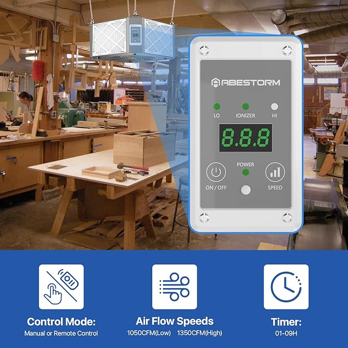 Abestorm 360 Degree Intake Air Filtration System for Woodworking, Built-in Ionizer, 1350CFM Hanging Air Filter, Shop Dust Collector, Garage WorkShop, MERV-11 filter, DecDust 1350IG