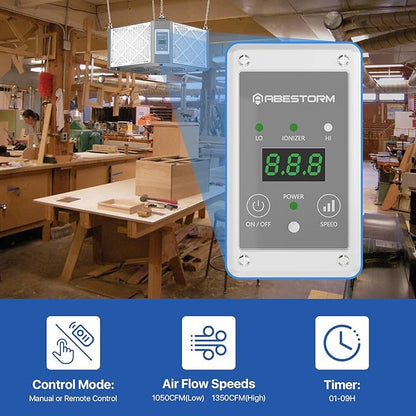 Abestorm 360 Degree Intake Air Filtration System for Woodworking, Built-in Ionizer, 1350CFM Hanging Air Filter, Shop Dust Collector, Garage WorkShop, MERV-11 filter, DecDust 1350IG