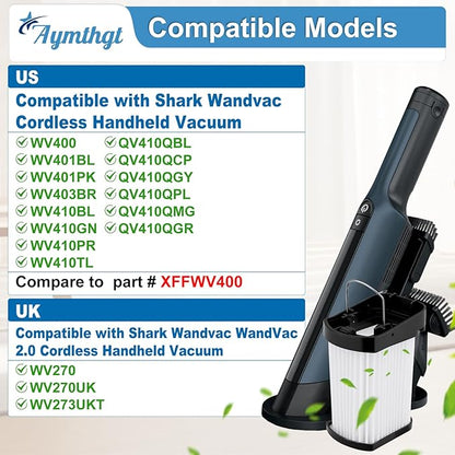 4 Pack WV401 Replacement Filter Compatible with Shark Wandvac Cordless Handheld Vacuum WV400 WV401BL WV401PK WV410BL WV410PR WV410TL QV410QBL, Compare to Part # XFFWV400