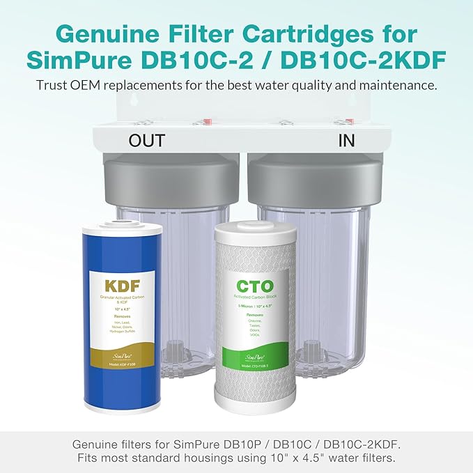 SimPure Whole House Water Filter Cartridges 5 Micron 10" x 4.5" CTO+GAC/KDF 2-Stage Carbon and Heavy Metal Filter Set, for DB10C-2KDF, DB10P, WGB21B-KS, FC15B, FG15B-KS, 2 Sets
