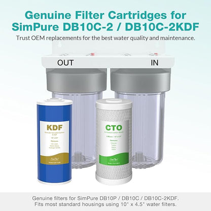 SimPure Whole House Water Filter Cartridges 5 Micron 10" x 4.5" CTO+GAC/KDF 2-Stage Carbon and Heavy Metal Filter Set, for DB10C-2KDF, DB10P, WGB21B-KS, FC15B, FG15B-KS, 2 Sets