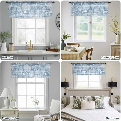 Haze Blue Retro Summer Sheer Valance Curtains, Sea Turtle Starfish Coral Ocean Light Filtering Kitchen Valances Rod Pocket Voile Curtain Window Treatment for Bedroom/Living Room/Basement 42Wx12L