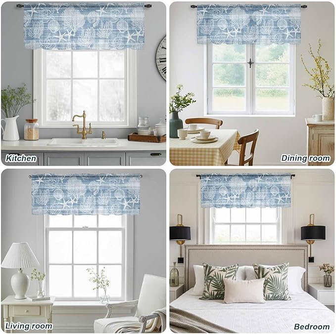 Haze Blue Retro Summer Sheer Valance Curtains, Sea Turtle Starfish Coral Ocean Light Filtering Kitchen Valances Rod Pocket Voile Curtain Window Treatment for Bedroom/Living Room/Basement 60Wx18L
