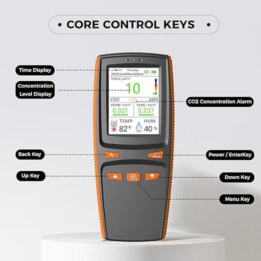 Air Quality Monitor, Indoor Air Quality Tester for CO2, TVOC, Formaldehyde, PM1.0/2.5/10, Temp & Humidity, with CO2 Alert, Data Storage, Adjustable Screen for Home, Office
