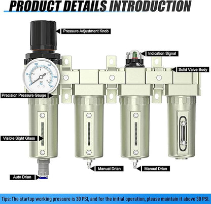 1/2" NPT Heavy Duty Industrial Grade 4 Stage Air Drying System,Auto Drain,Coalescing Filter,Double Particulate Filter,Desiccant Dryer and Air Regulator For Plasma Cutter and Paint Spray