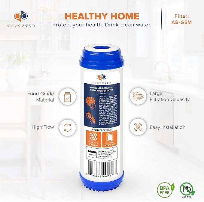 Aquaboon 5 Micron 10 x 2.5 Granular Activated Carbon Water Filter Cartridge GAC Water Filter Replacement Compatible with AP117, GAC-10, GAC1, 25 Pack