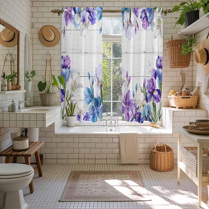 Spring Flowers Kitchen Curtains, Watercolor Garden Florals Wooden Grain Light Filtering Window Curtain Panels, 2Pcs Rod Pocket Window Treatments Set for Living Room Bathroom Bedroom 42x63 Inches