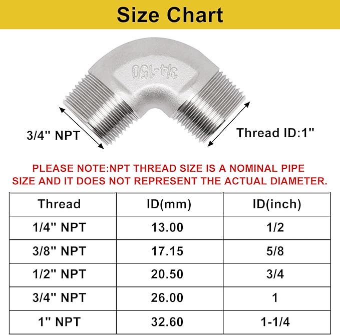 3/4" x 3/4" NPT 90 Degree Elbow 304 Stainless Steel Pipe Fittings Male Threaded Coupler, 2 Pack