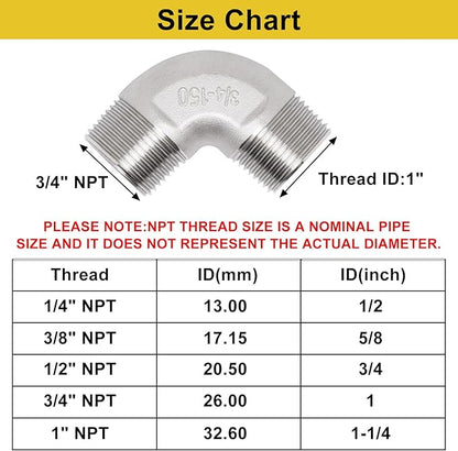 3/4" x 3/4" NPT 90 Degree Elbow 304 Stainless Steel Pipe Fittings Male Threaded Coupler, 2 Pack