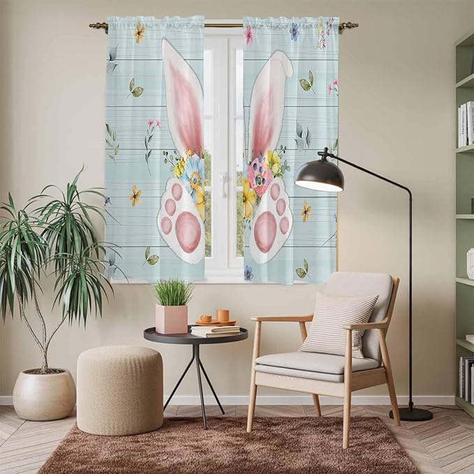 Easter Window Curtains 63 Inch Long 2 Panel Set, Rod Pocket Bedroom Curtains & Drapes, Spring Rabbits Ears Feet Flowers Wooden Grain Light Filtering Window Treatment for Living Room 42"W x 63"L