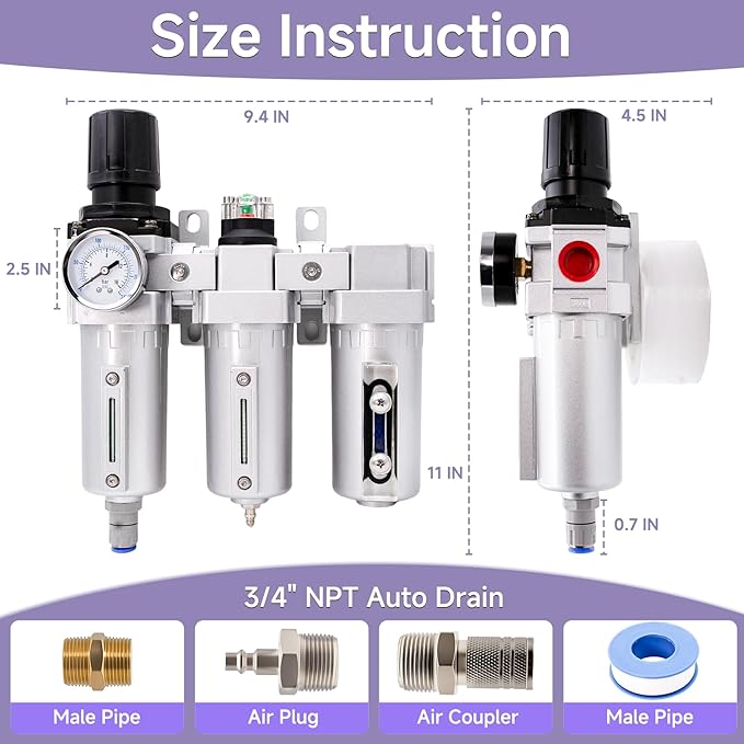 3/4" NPT Industrial Grade Auto Drain Air Dryer for Compressor, 3 Stage Compressor Air Drying System with Water Separator, 5-Micron& 0.01 Micron Filters, for Plasma Cutter and Paint Spray