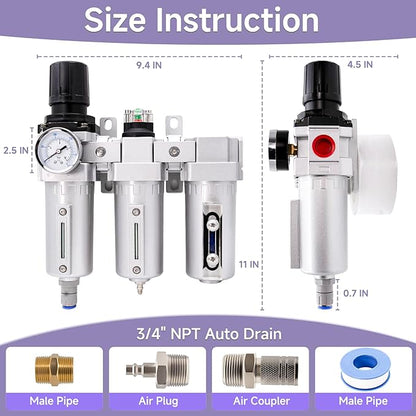 3/4" NPT Industrial Grade Auto Drain Air Dryer for Compressor, 3 Stage Compressor Air Drying System with Water Separator, 5-Micron& 0.01 Micron Filters, for Plasma Cutter and Paint Spray
