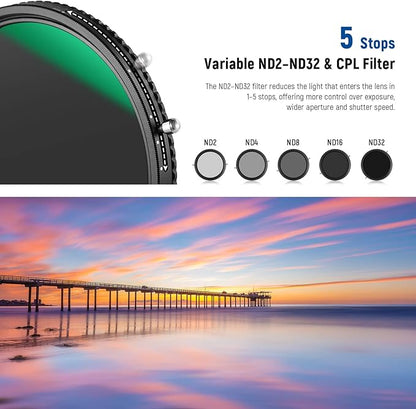 NEEWER 2 in 1 77mm Variable ND Filter ND2–ND32&CPL Filter(Circular Polarizer Filter) No X Cross/30 Layer Nano Coated/HD Optical Glass/Ultra Slim Aluminum Alloy Frame/Water Repellent/Scratch Resistant