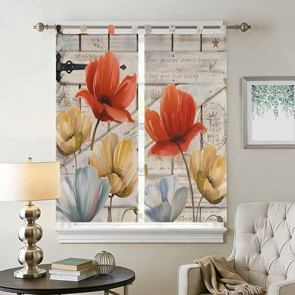 Retro Floral Bathroom Curtains 63 Inch Length, Window Curtains Tab Top, Red Yellow Tulips Barm Doors Farmhouse Wooden Light Filtering Window Treatments Drapes 52"x63" 2 Panel