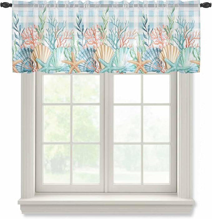 Summer Beach Sheer Valance Curtains, Ocean Colorful Coral Shell Seaweed Starfish Blue Plaid Light Filtering Kitchen Valances Rod Pocket Voile Curtain Treatment for Bedroom/Living Room/Basement 54Wx18L