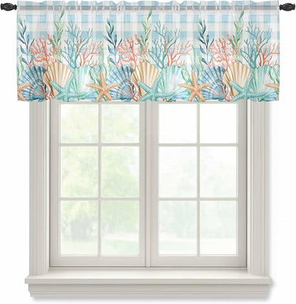 Summer Beach Sheer Valance Curtains, Ocean Colorful Coral Shell Seaweed Starfish Blue Plaid Light Filtering Kitchen Valances Rod Pocket Voile Curtain Treatment for Bedroom/Living Room/Basement 54Wx18L