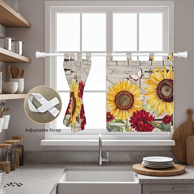 Red Yellow Sunflowers Kitchen Curtains 36 Inch Length, Small Window Curtains Tab Top, Retro Rustic Barn Doors Butterfly Brown Light Filtering Short Window Treatments Tier Drapes 27.5"x36" 2 Panel