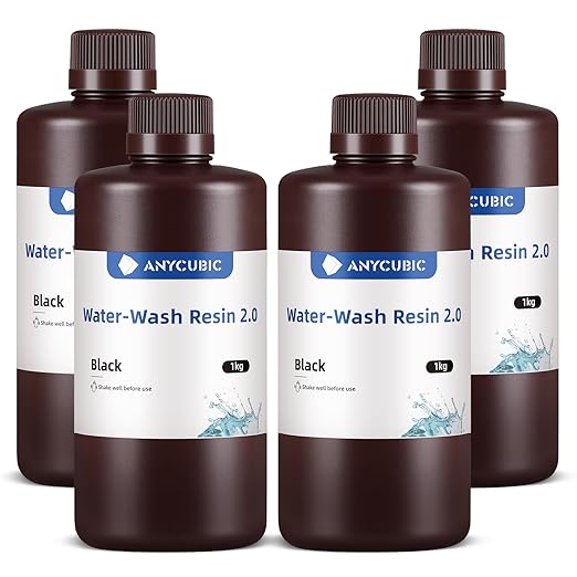 ANYCUBIC Water Washable 3D Printer Resin 2.0 Bundle, 405nm High Precision UV-Curing 3D Resin, Low Shrinkage Photopolymer Resin for LCD Resin 3D Printer (4Packs*1kg Black, 4kg in Total)