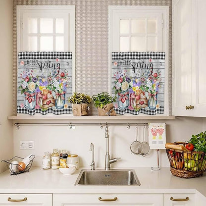 Spring Flowers Kitchen Curtains Set 3 Piece for Windows, Rod Pocket Valance and Tier Set 24 Inch Length, Farmhouse Black Plaid Wood Grain Light Filtering Cafe Curtains for Living Room Bathroom