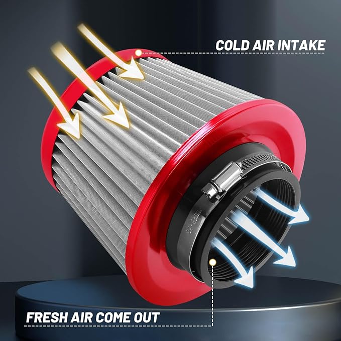 3" 76mm Universal High Flow Cold Air Intake Air Filter Upgraded Stainless Steel Cone Filter(Red)